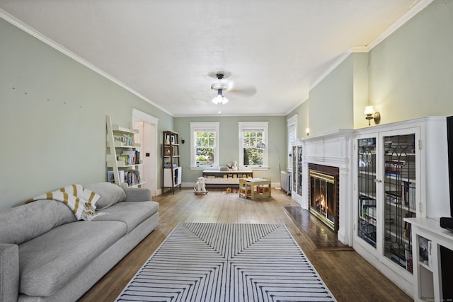 30 Cleveland Rd, New Haven, CT 06515 - living area featuring a brick fireplace, dark wood finished floors, and crown molding