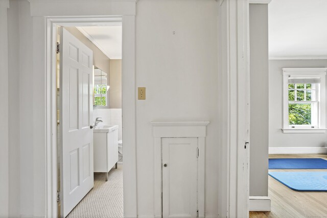 30 Cleveland Rd, New Haven, CT 06515 - hall featuring ornamental molding and baseboards