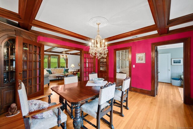 20 Arnoldale Rd, West Hartford, CT 06119 - dining area with a chandelier, coffered ceiling, beamed ceiling, light wood finished floors, and baseboards