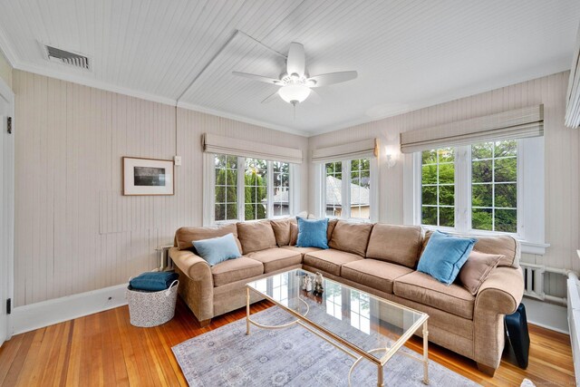 20 Arnoldale Rd, West Hartford, CT 06119 - living area featuring a ceiling fan, light wood finished floors, ornamental molding, and baseboards