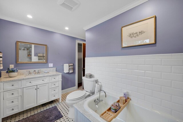 20 Arnoldale Rd, West Hartford, CT 06119 - bathroom featuring toilet, vanity, a garden tub, ornamental molding, and recessed lighting