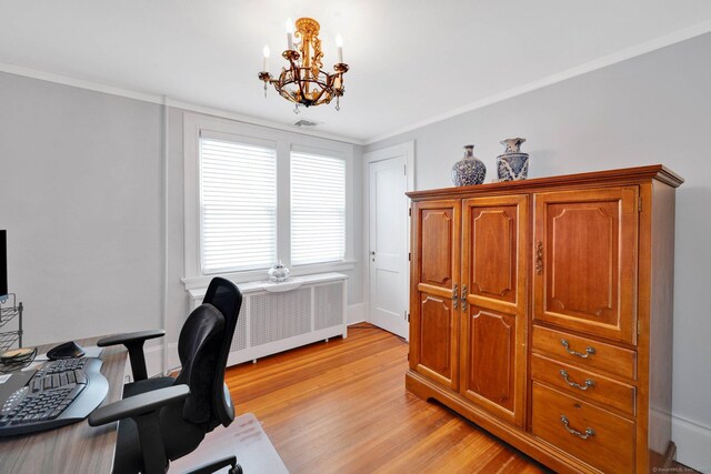 20 Arnoldale Rd, West Hartford, CT 06119 - office with light wood finished floors, radiator, a chandelier, ornamental molding, and baseboards