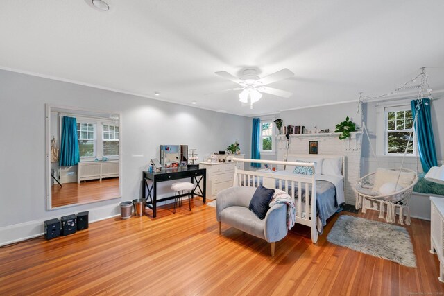 20 Arnoldale Rd, West Hartford, CT 06119 - bedroom featuring multiple windows, light wood-style floors, ornamental molding, and ceiling fan