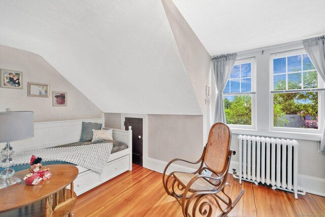 20 Arnoldale Rd, West Hartford, CT 06119 - bedroom featuring radiator heating unit, lofted ceiling, and wood finished floors