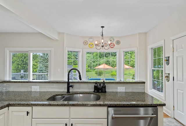 11 Quarry Ridge Rd, Newtown, CT 06482 - kitchen featuring stainless steel dishwasher, dark stone counters, a chandelier, and white cabinets