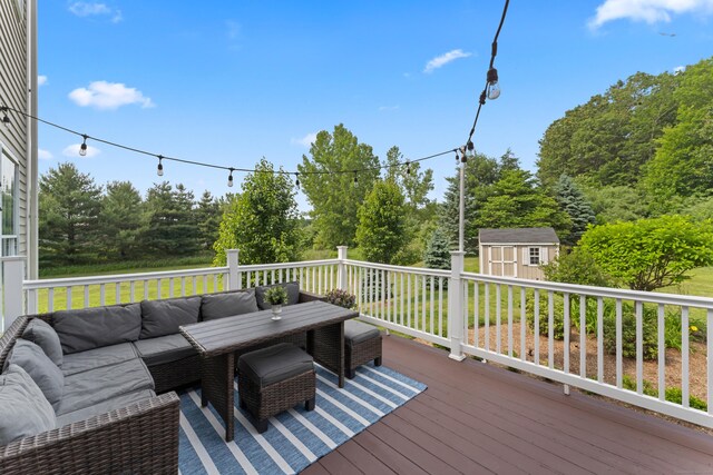 11 Quarry Ridge Rd, Newtown, CT 06482 - wooden deck featuring a storage unit, outdoor dining area, and an outdoor living space
