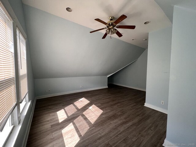 87 Blake St, New Haven, CT 06511 - additional living space with ceiling fan, vaulted ceiling, wood finished floors, and recessed lighting