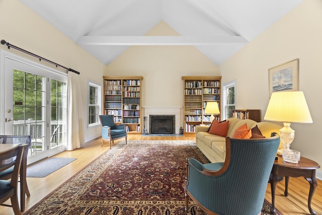 102 Leetes Island Rd, Guilford, CT 06437 - living area with a fireplace with flush hearth, wood finished floors, and high vaulted ceiling