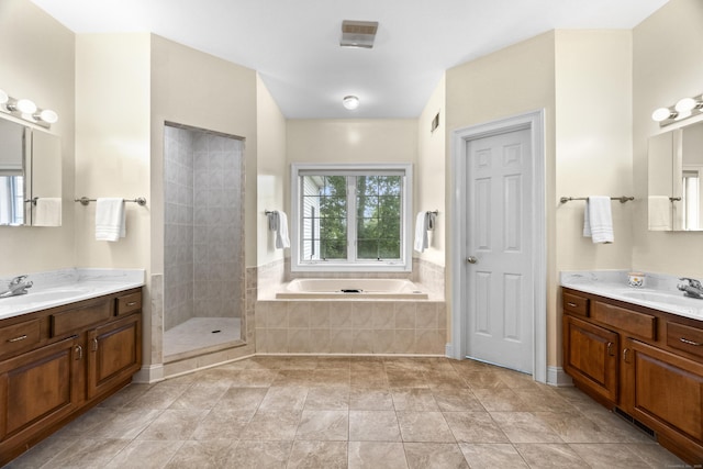 102 Leetes Island Rd, Guilford, CT 06437 - bathroom featuring a bath, two vanities, and tiled shower