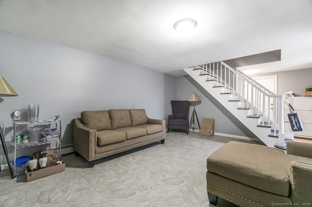 living room featuring stairway and a baseboard heating unit