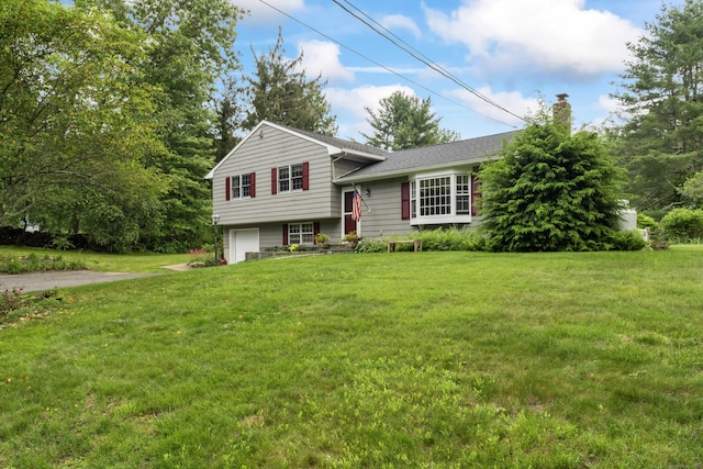 128 Walnut Tree Hill Rd, Newtown, CT 06482 - split level home with a chimney, a garage, a front yard, and driveway