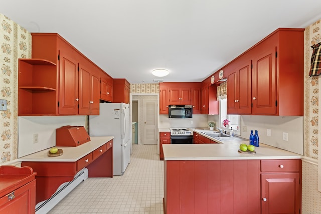128 Walnut Tree Hill Rd, Newtown, CT 06482 - kitchen featuring black microwave, baseboard heating, wallpapered walls, range, and freestanding refrigerator