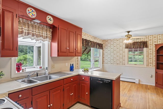 128 Walnut Tree Hill Rd, Newtown, CT 06482 - kitchen with dishwasher, wallpapered walls, wainscoting, a baseboard heating unit, and light wood finished floors
