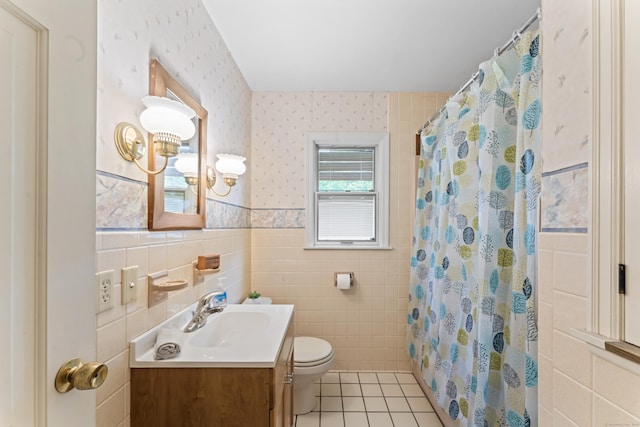 128 Walnut Tree Hill Rd, Newtown, CT 06482 - full bathroom featuring vanity, wallpapered walls, tile walls, tile patterned floors, and a wainscoted wall