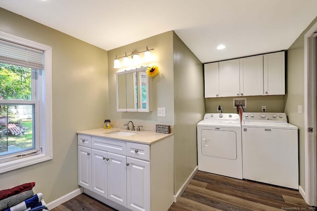 63 Bailey St, Brooklyn, CT 06234 - laundry room with cabinet space, washing machine and dryer, and dark wood-style flooring