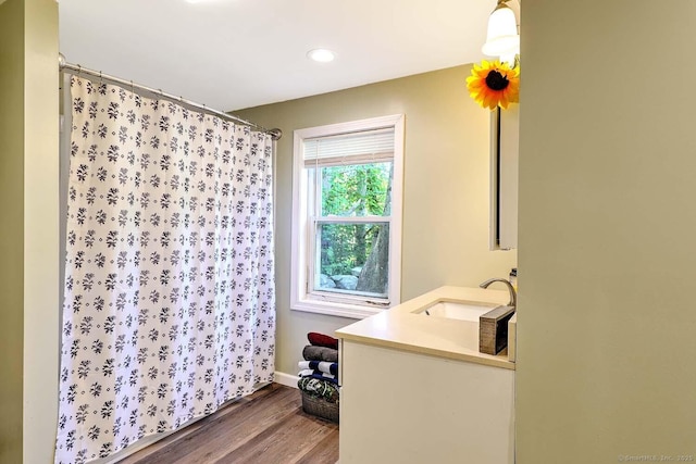 63 Bailey St, Brooklyn, CT 06234 - full bath featuring vanity, wood finished floors, curtained shower, and recessed lighting