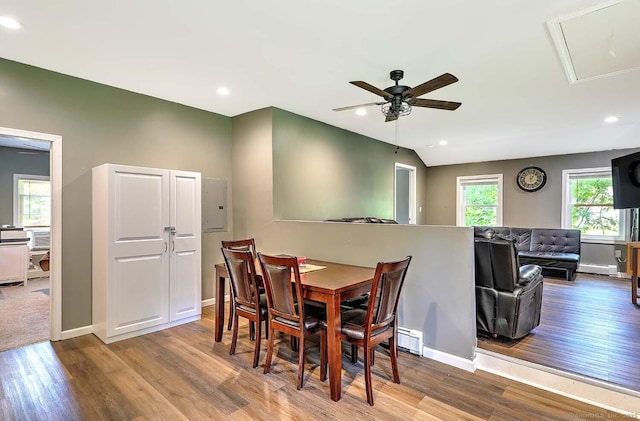63 Bailey St, Brooklyn, CT 06234 - dining space featuring a ceiling fan, electric panel, wood finished floors, baseboard heating, and recessed lighting