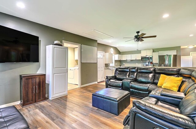 63 Bailey St, Brooklyn, CT 06234 - living area with ceiling fan, light wood-style flooring, washer and clothes dryer, attic access, and recessed lighting