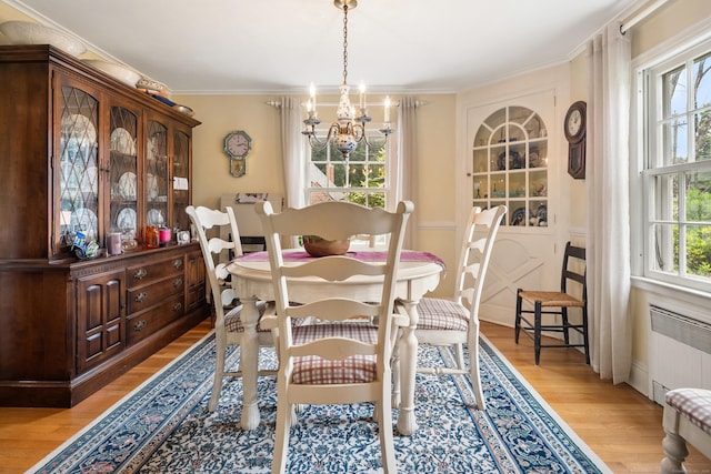 46 Dyer Ave, Canton, CT 06019 - dining space featuring a chandelier, radiator, light wood-style floors, and ornamental molding