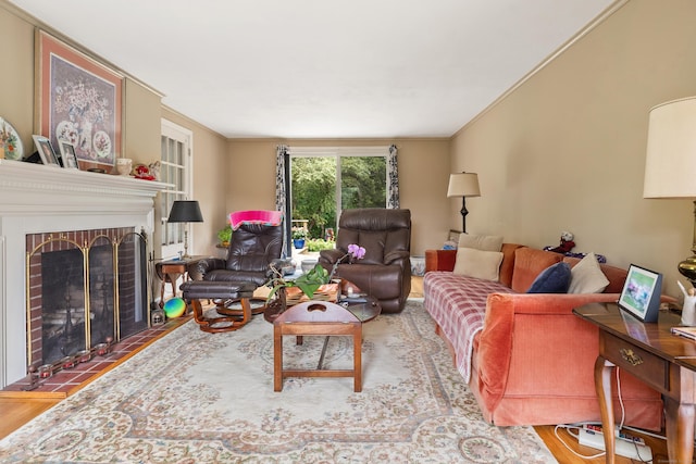 46 Dyer Ave, Canton, CT 06019 - living room featuring wood finished floors, crown molding, and a brick fireplace