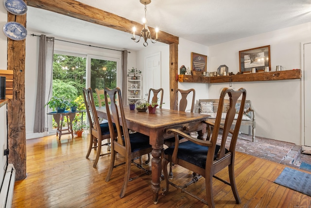 46 Dyer Ave, Canton, CT 06019 - dining space featuring hardwood / wood-style floors, a chandelier, beam ceiling, and a baseboard heating unit