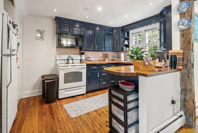 46 Dyer Ave, Canton, CT 06019 - kitchen featuring white appliances, open shelves, butcher block countertops, light wood finished floors, and recessed lighting