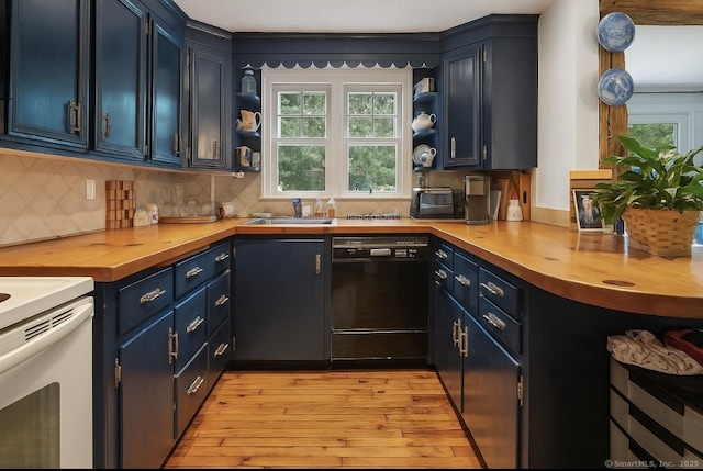46 Dyer Ave, Canton, CT 06019 - kitchen with dishwasher, wood counters, open shelves, and light wood-type flooring