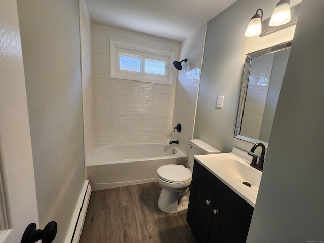 84 May St, New Britain, CT 06052 - bathroom featuring a baseboard radiator, wood finished floors, toilet, shower / bathtub combination, and vanity