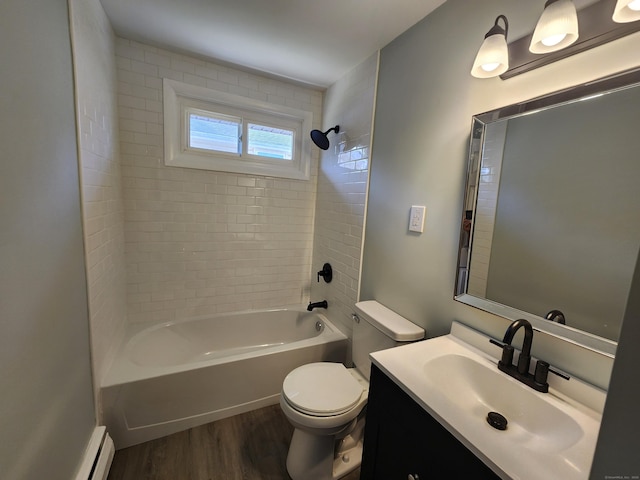 84 May St, New Britain, CT 06052 - bathroom featuring toilet, bathtub / shower combination, wood finished floors, vanity, and baseboard heating