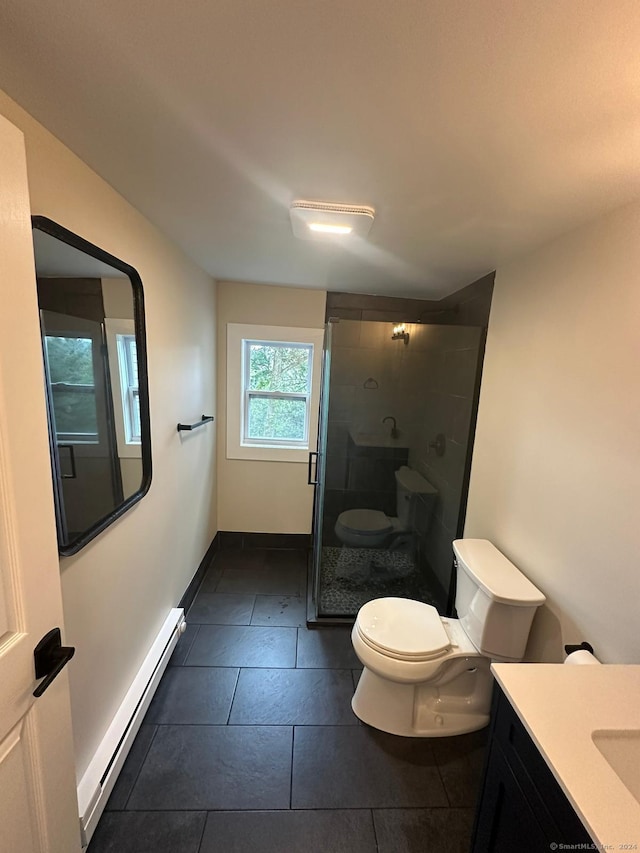 22 Hemlock Trl, Newtown, CT 06482 - bathroom featuring baseboard heating, toilet, vanity, a stall shower, and tile patterned floors