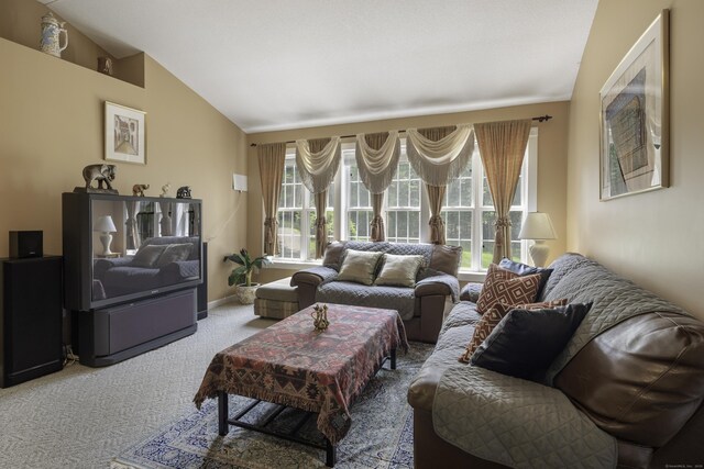 1729 Litchfield Rd, Watertown, CT 06795 - carpeted living room with vaulted ceiling and baseboards