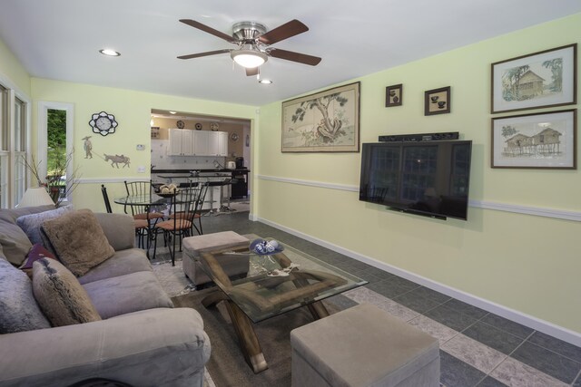1729 Litchfield Rd, Watertown, CT 06795 - living room featuring ceiling fan, recessed lighting, baseboards, and dark tile patterned flooring