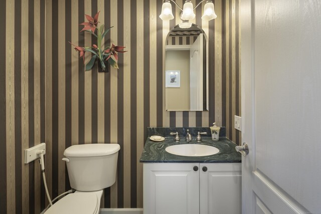 1729 Litchfield Rd, Watertown, CT 06795 - half bathroom featuring wallpapered walls, toilet, and vanity