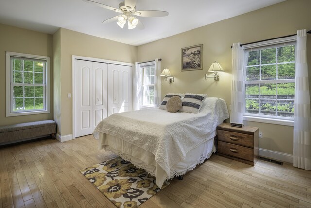 1729 Litchfield Rd, Watertown, CT 06795 - bedroom with baseboards, a closet, light wood-style floors, and a ceiling fan