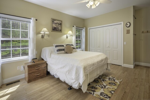 1729 Litchfield Rd, Watertown, CT 06795 - bedroom featuring a closet, baseboards, light wood-type flooring, and a ceiling fan