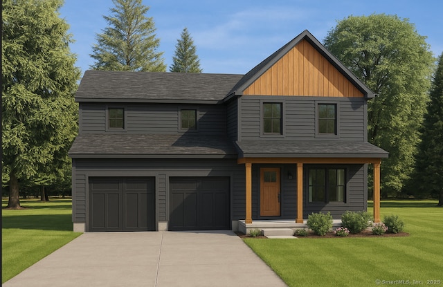 300 Valley Rd, Killingly, CT 06241 - view of front of property with an attached garage, driveway, a porch, a front lawn, and roof with shingles
