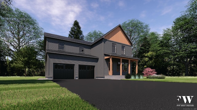 300 Valley Rd, Killingly, CT 06241 - view of front facade featuring an attached garage, a front yard, asphalt driveway, board and batten siding, and covered porch