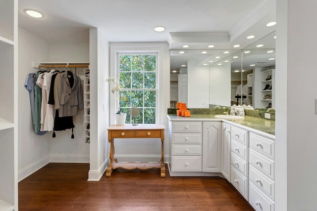 4 The Fenway, Westport, CT 06880 - full bathroom with vanity, wood finished floors, a walk in closet, ornamental molding, and recessed lighting