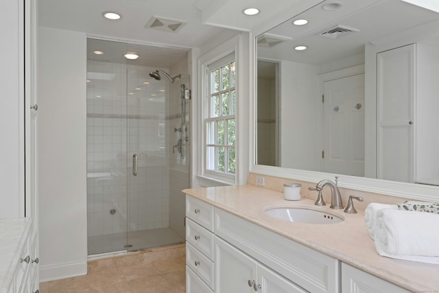 4 The Fenway, Westport, CT 06880 - bathroom with vanity, a stall shower, recessed lighting, and tile patterned flooring