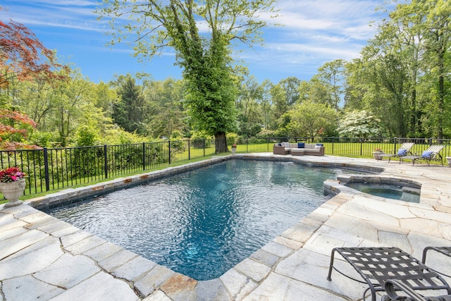 4 The Fenway, Westport, CT 06880 - view of pool with an outdoor living space, a patio, a fenced backyard, and a pool with connected hot tub