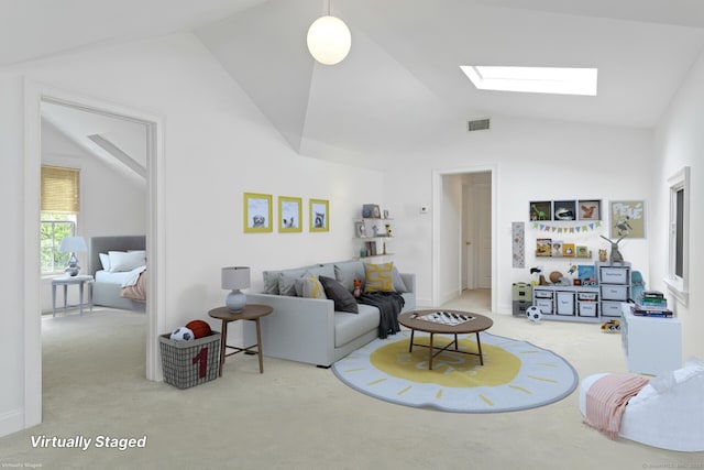 4 The Fenway, Westport, CT 06880 - living room with lofted ceiling, carpet, and a skylight