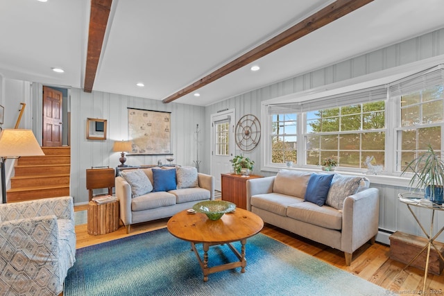 52 Seaside Ave, Guilford, CT 06437 - living room featuring beamed ceiling, wood finished floors, stairs, and recessed lighting