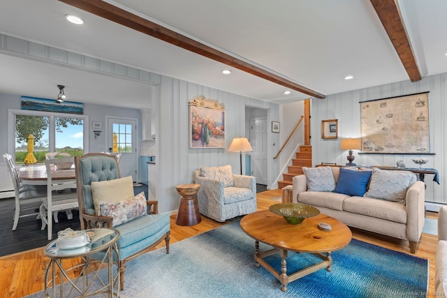 52 Seaside Ave, Guilford, CT 06437 - living area featuring beamed ceiling, stairway, and wood finished floors