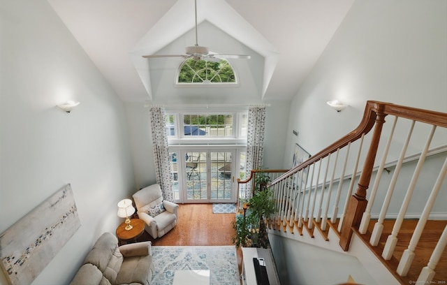 67 Southwick Ct Unit 67, Cheshire, CT 06410 - foyer entrance with high vaulted ceiling, wood finished floors, a ceiling fan, and stairs