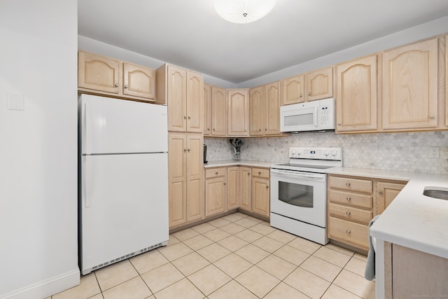 67 Southwick Ct Unit 67, Cheshire, CT 06410 - kitchen featuring white appliances, light brown cabinets, light countertops, light tile patterned floors, and decorative backsplash
