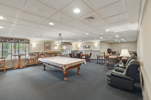 67 Southwick Ct Unit 67, Cheshire, CT 06410 - game room with dark colored carpet, billiards table, recessed lighting, wainscoting, and crown molding