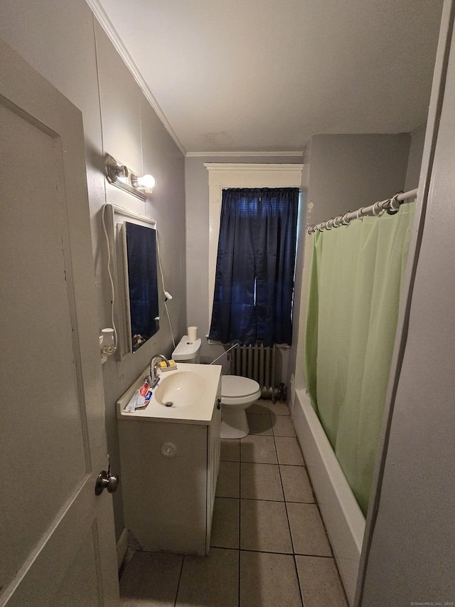 516 Dixwell Ave, New Haven, CT 06511 - bathroom featuring radiator, vanity, tile patterned floors, shower / bath combo, and ornamental molding