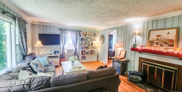 4 Tryon Rd, Norwalk, CT 06851 - living area with crown molding, a textured ceiling, wood finished floors, and a fireplace
