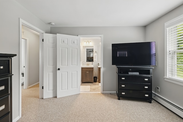 197 Webb Rd, Naugatuck, CT 06770 - bedroom with a baseboard radiator, multiple windows, light carpet, and ensuite bath