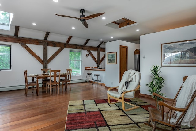 178 Carter Rd, Kent, CT 06754 - living area featuring wood finished floors, ceiling fan, recessed lighting, a skylight, and vaulted ceiling